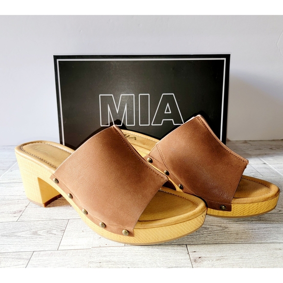 Mia Chunky Wood Bottom Open Peep Brown Casual Summer Sandals Women 9 - Picture 1 of 11